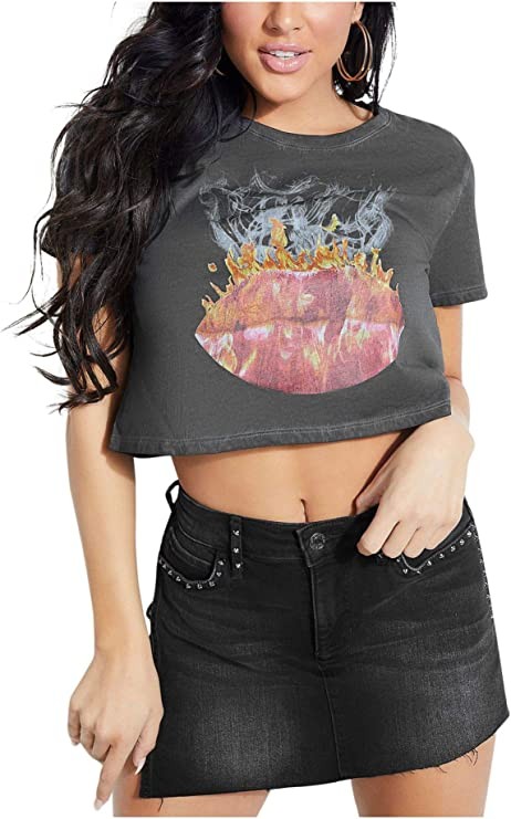 GUESS Cotton Lip Graphic Cropped T-Shirt, Dark Black Multicolor XL