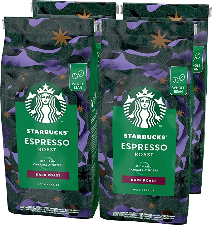 Starbucks Espresso Black Roasted Coffee Beans 450g Bag (Pack of 4)