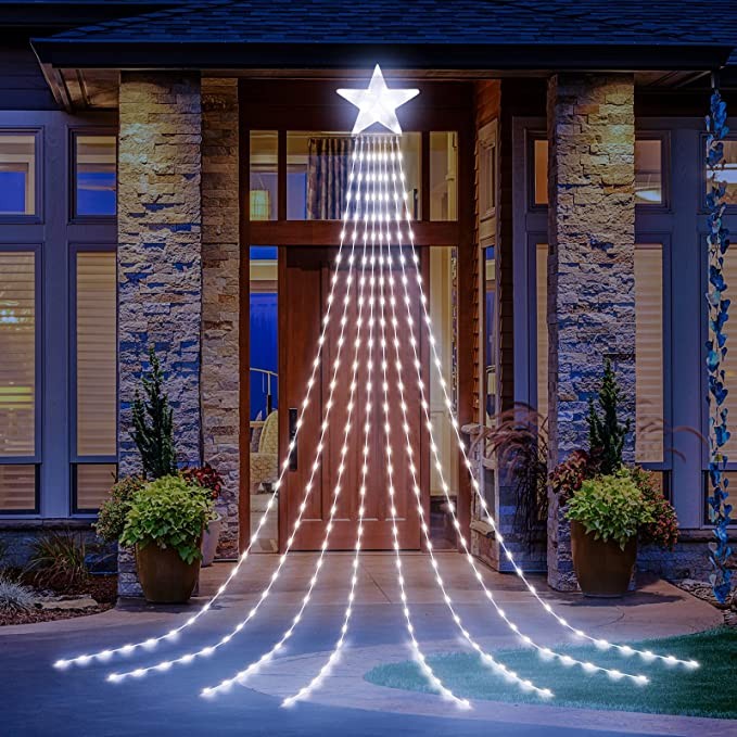 Christmas Lights Outdoor Star Fairy Lights 298 LED Hanging Window Curtain Lights with 3.5M x 8 Falling Strands Warm White Xmas Lights Outdoor for Indoor Room Gazebo Decor
